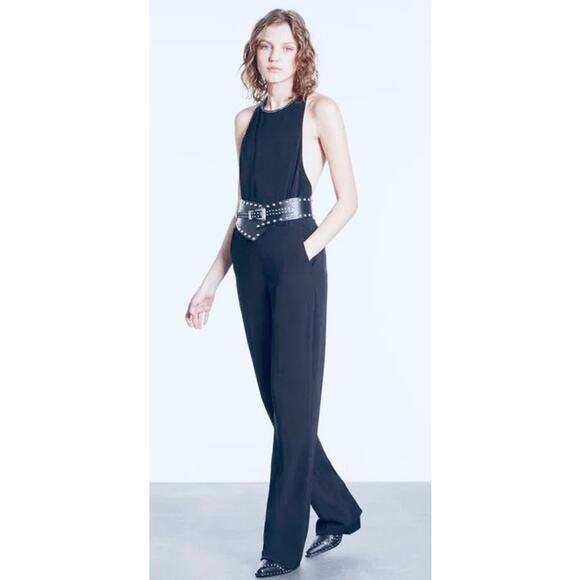THE KOOPLES-NWT- CREPE JUMPSUIT CHAIN DETAIL NECK BLACK SZ:1FR/4US Ret$395 - Picture 2 of 7